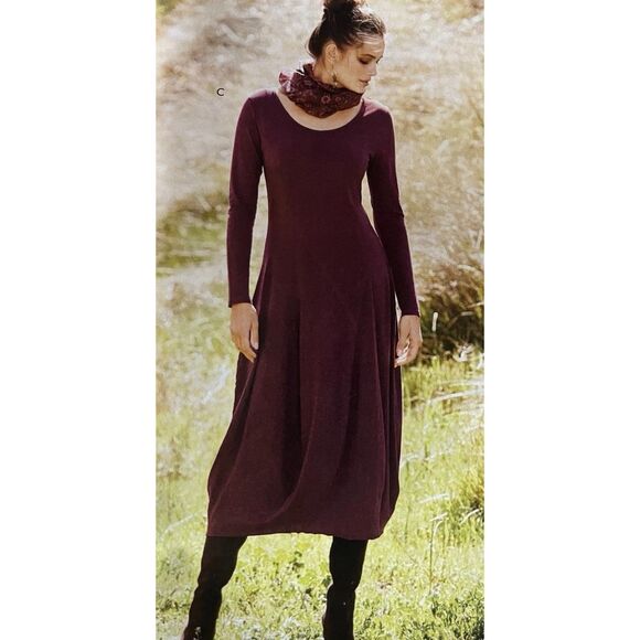 PERUVIAN CONNECTION Artista Purple Brown Long Sleeve Jersey Midi Dress Large - Picture 1 of 8